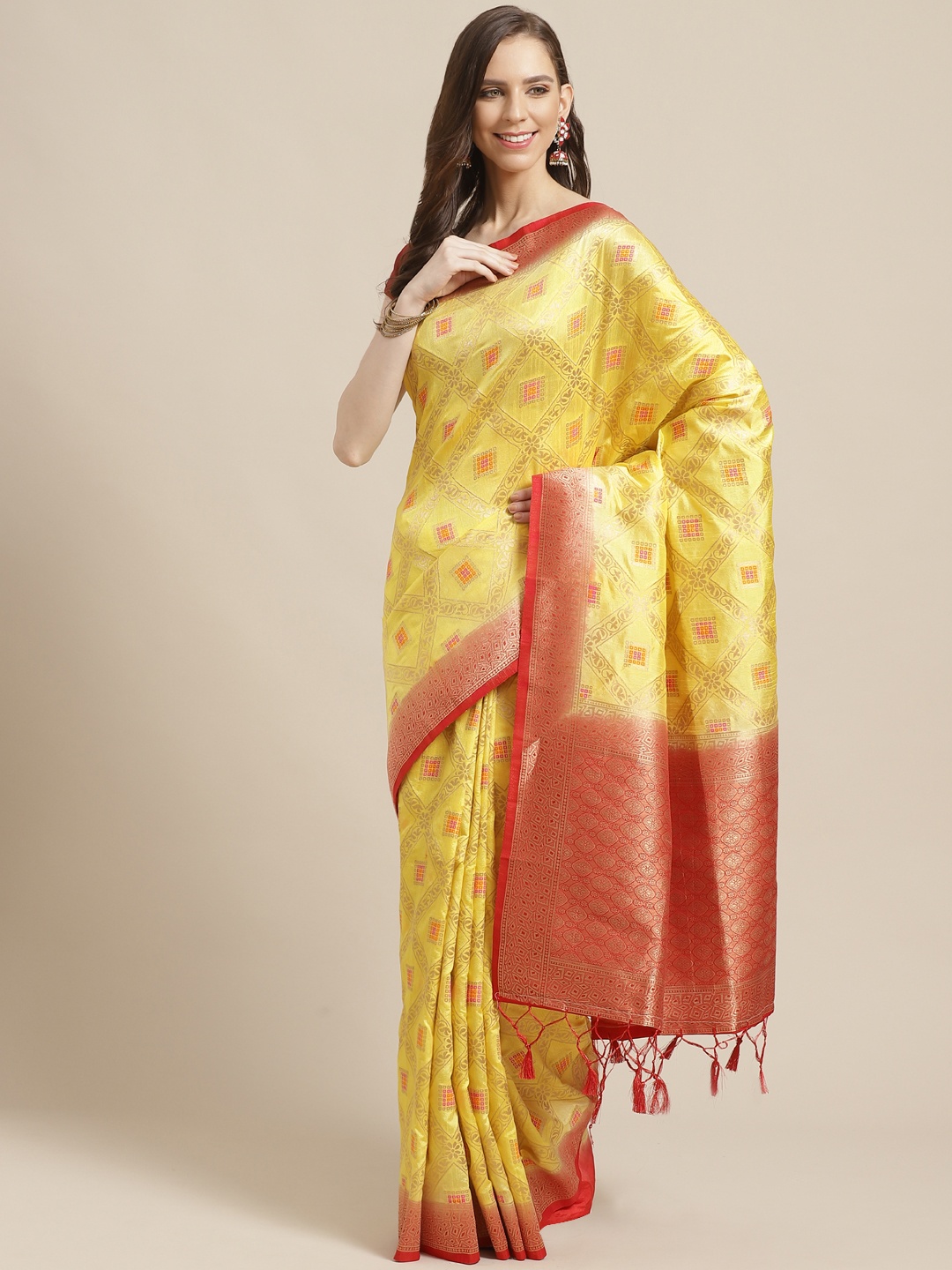 

Shaily Yellow & Golden Zari Woven Design Saree