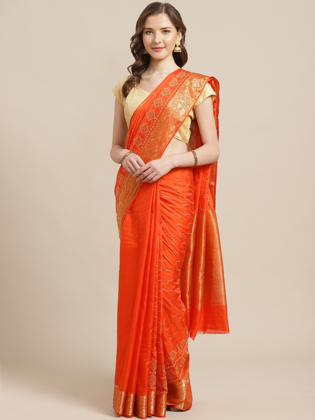 

Shaily Orange & Golden Zari Embroidered Saree