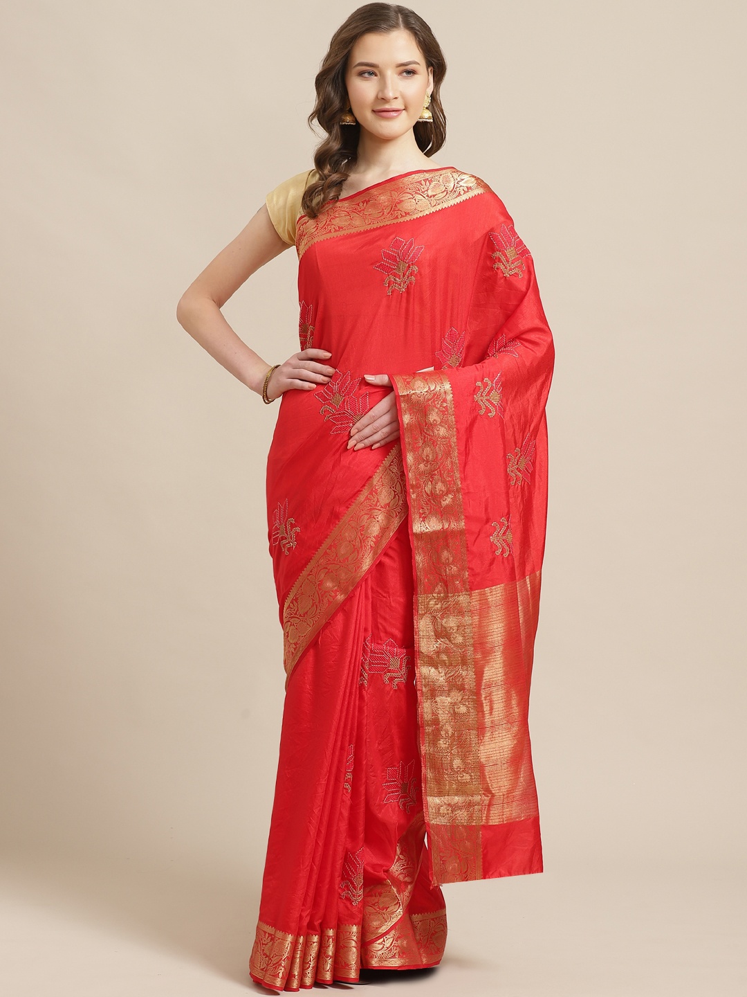 

Shaily Red & Golden Zari Embroidered Saree