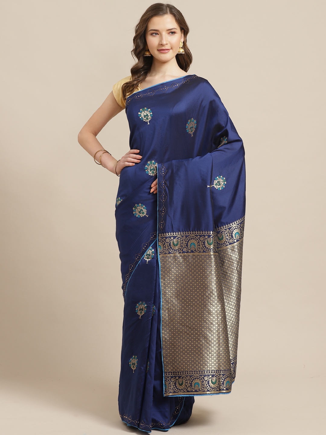 

Shaily Navy Blue & Golden Zari Woven Design Saree