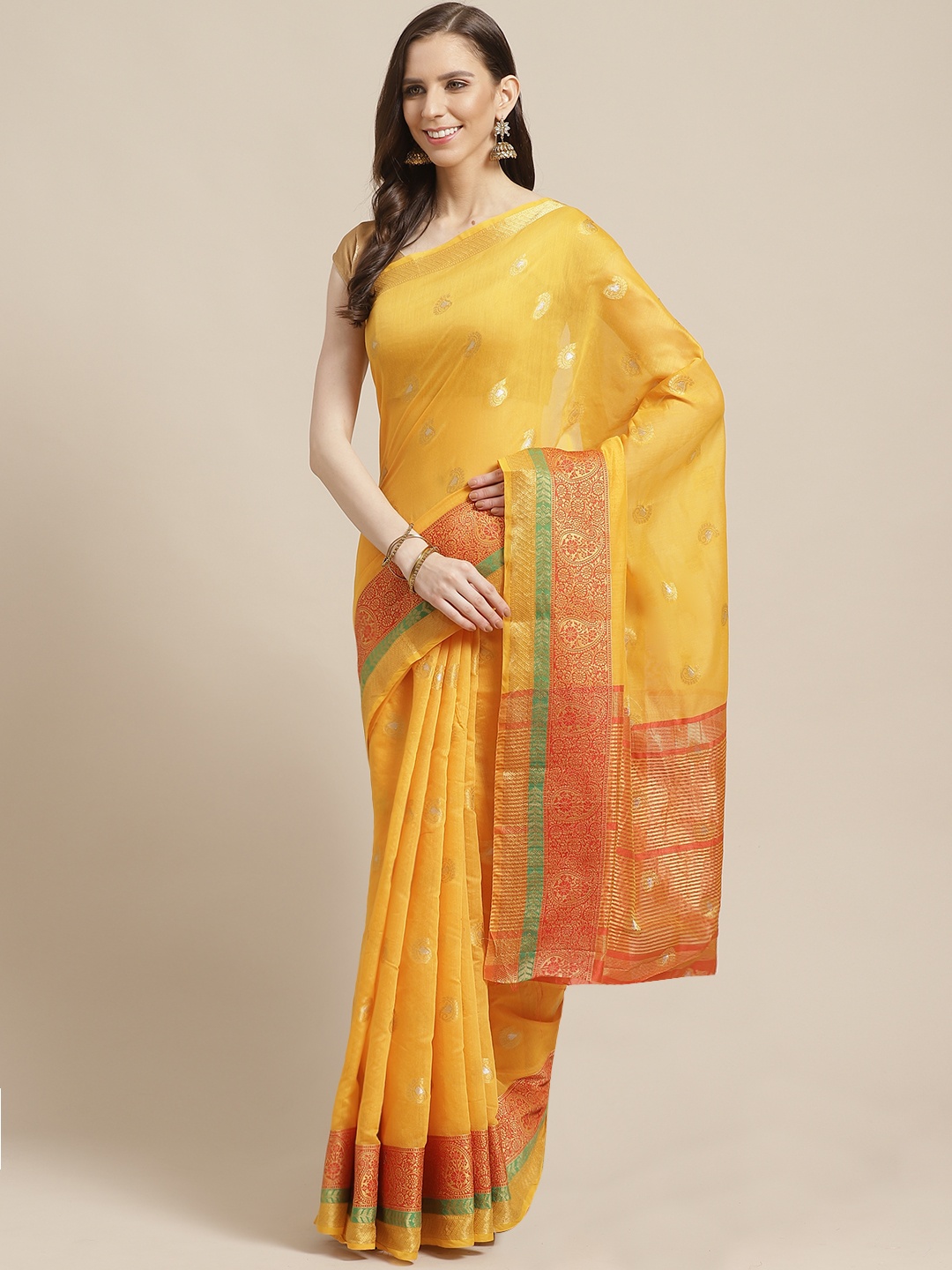 

Shaily Yellow & Golden Zari Woven Design Saree