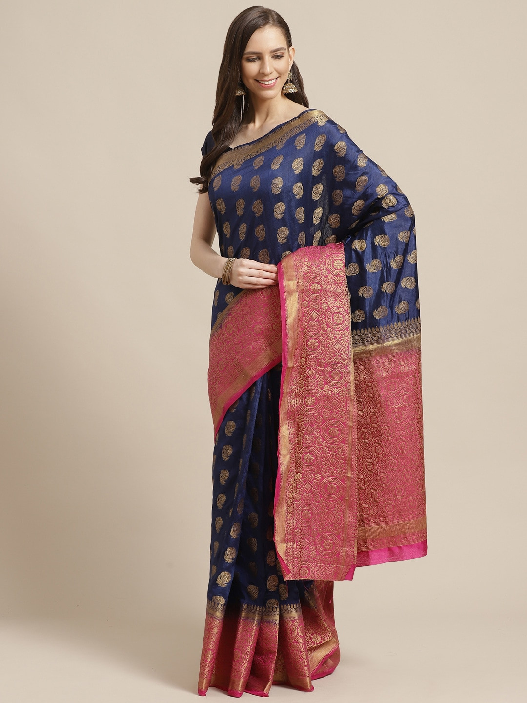 

Shaily Navy Blue & Golden Zari Woven Design Saree