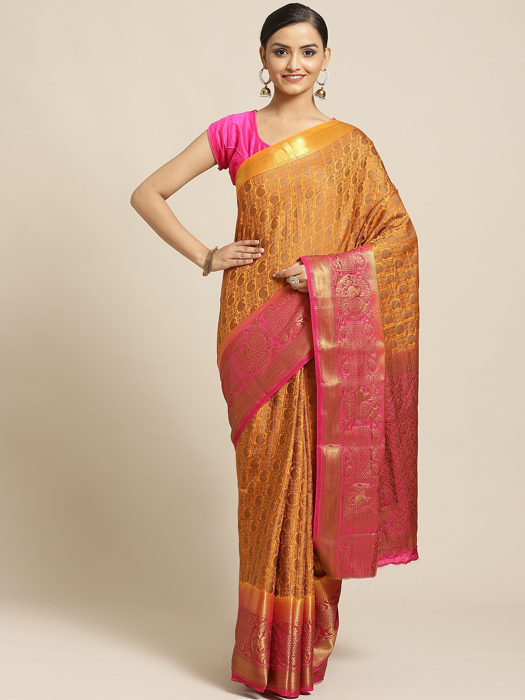 

Shaily Rust Orange & Golden Zari Woven Design Saree