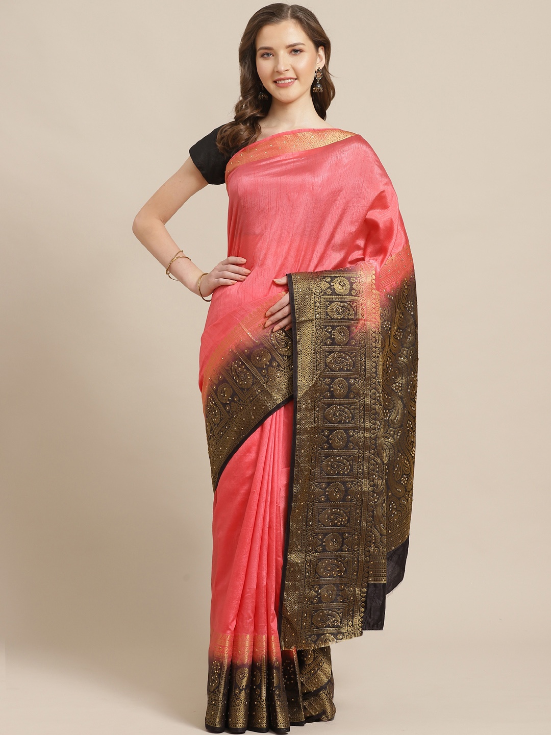 

Shaily Coral Pink & Golden Solid Saree