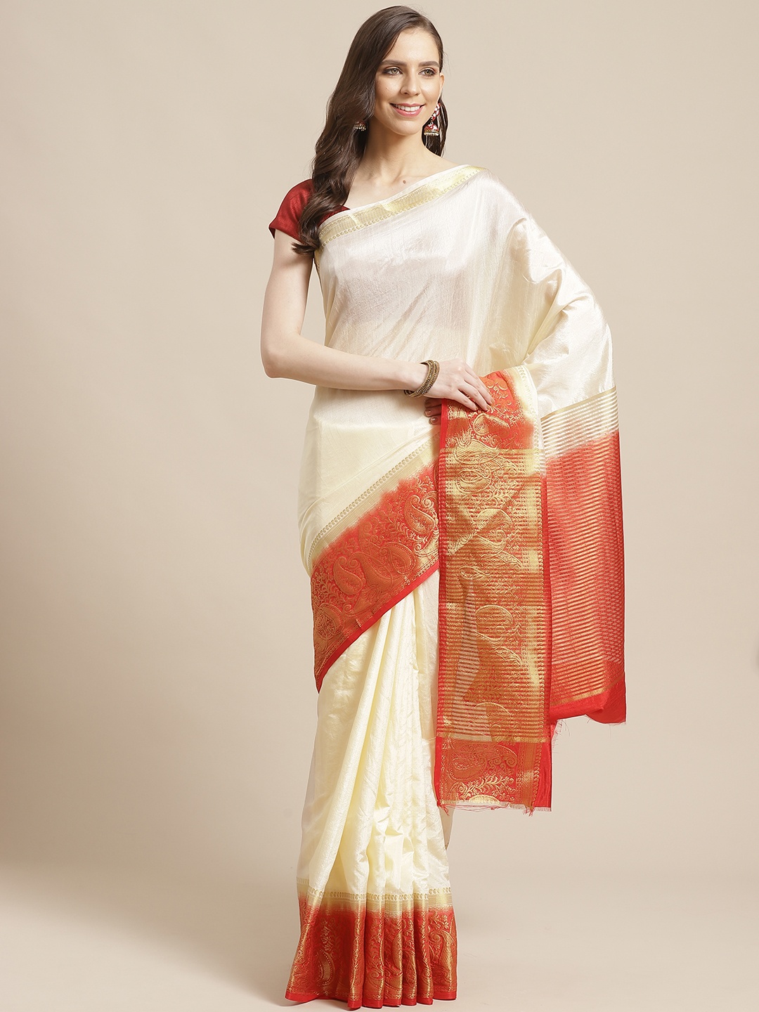

Shaily Off-White & Red Solid Saree