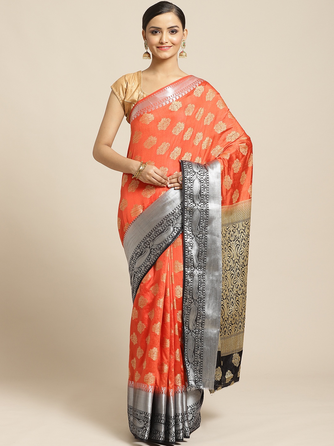 

Shaily Orange & Golden Zari Woven Design Saree