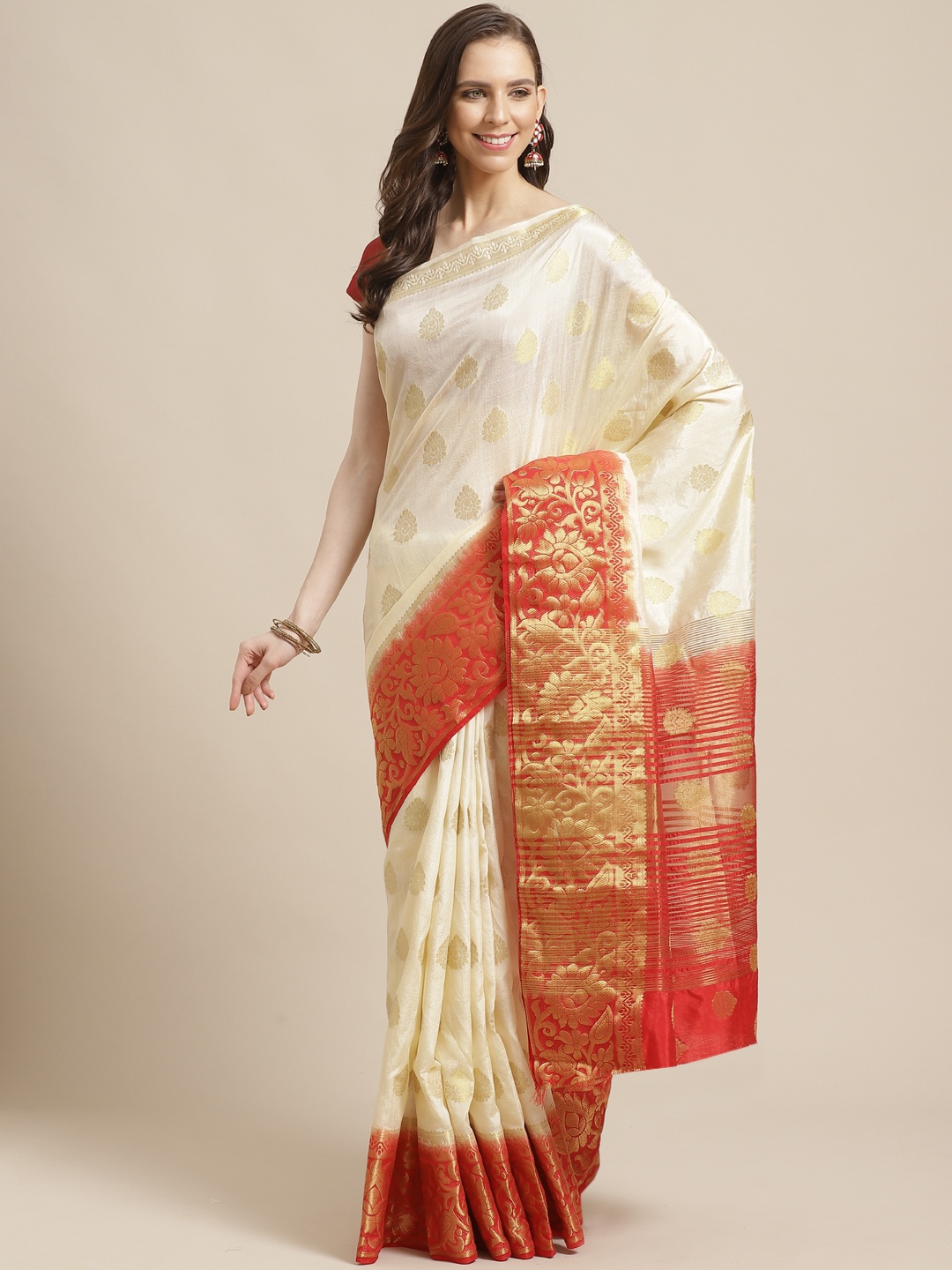 

Shaily Off-White & Golden Zari Woven Design Saree