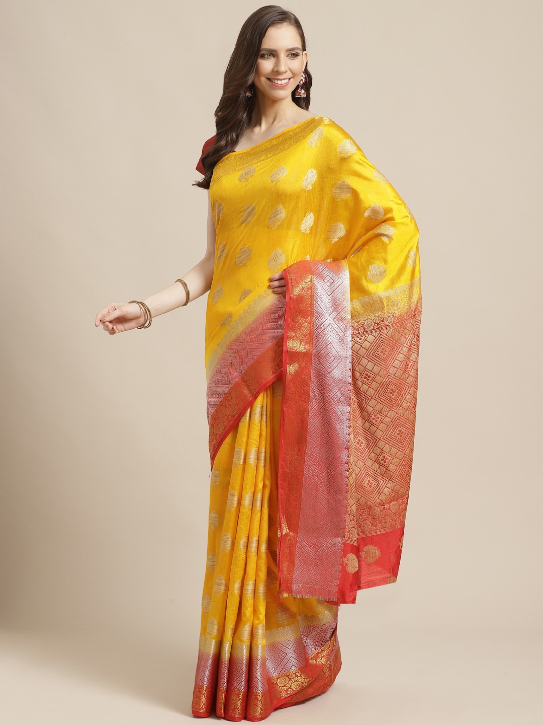 

Shaily Mustard Yellow & Golden Zari Woven Design Saree