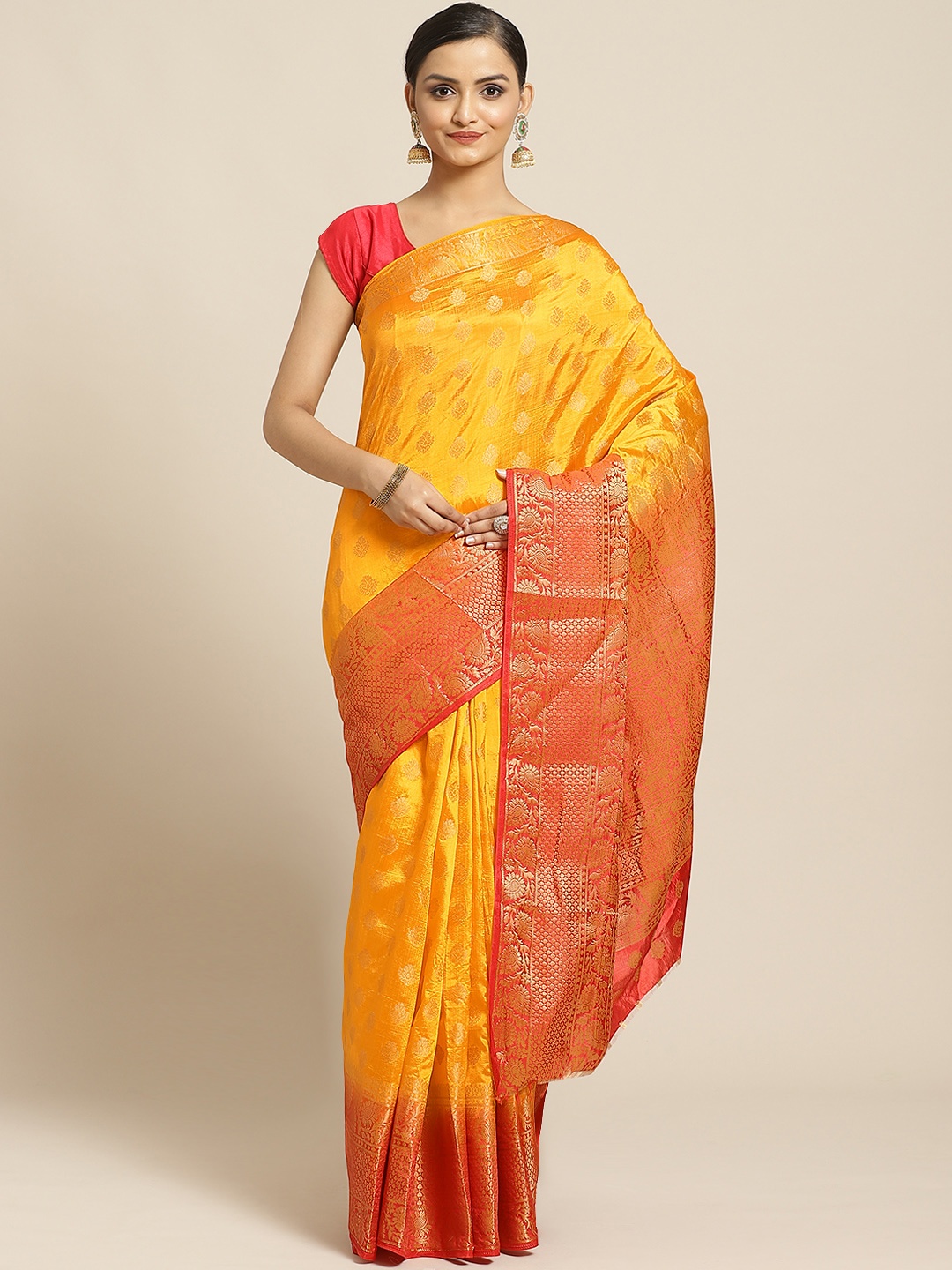 

Shaily Mustard Yellow & Golden Zari Woven Design Saree
