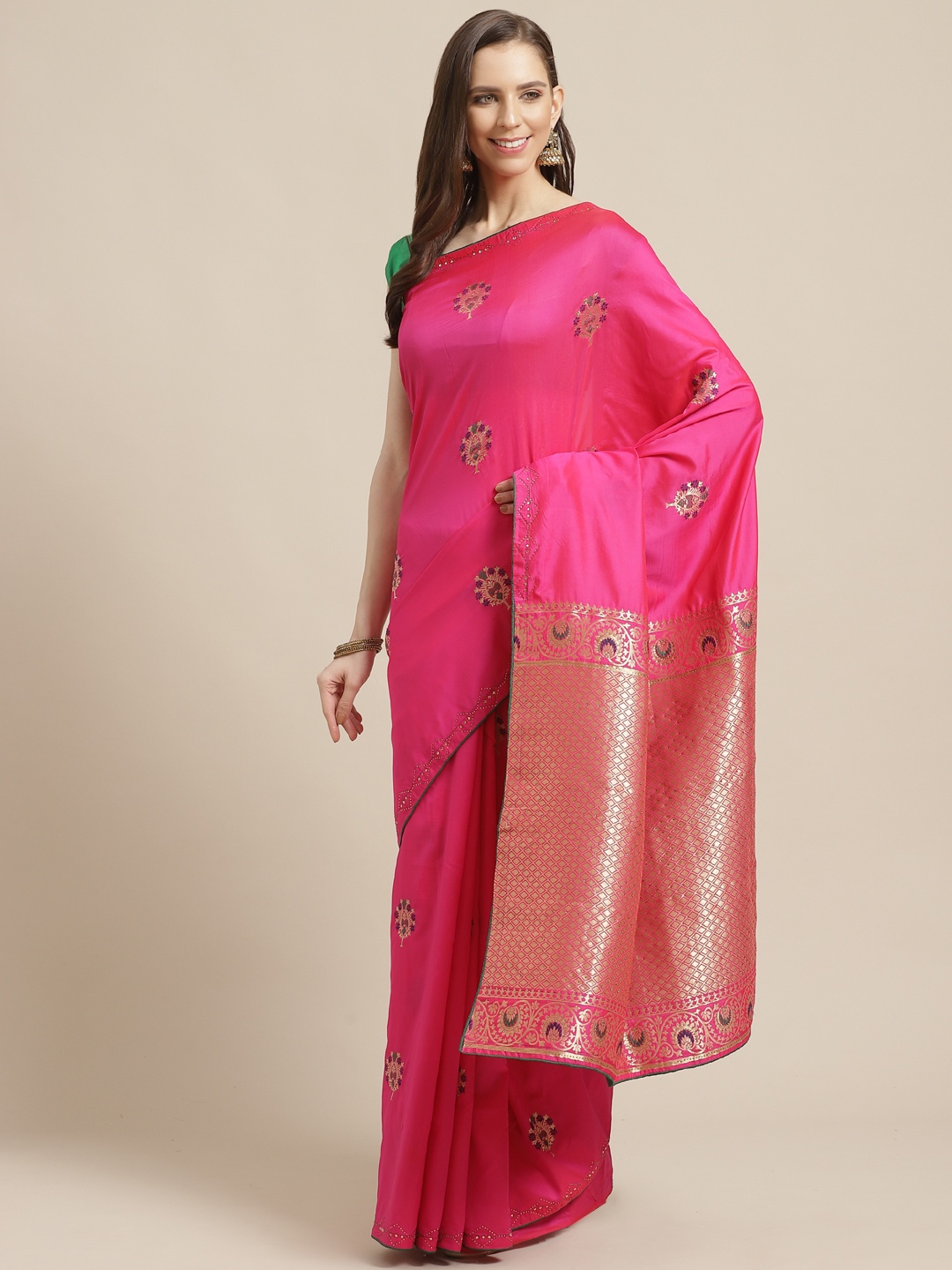 

Shaily Pink & Golden Zari Woven Design Saree