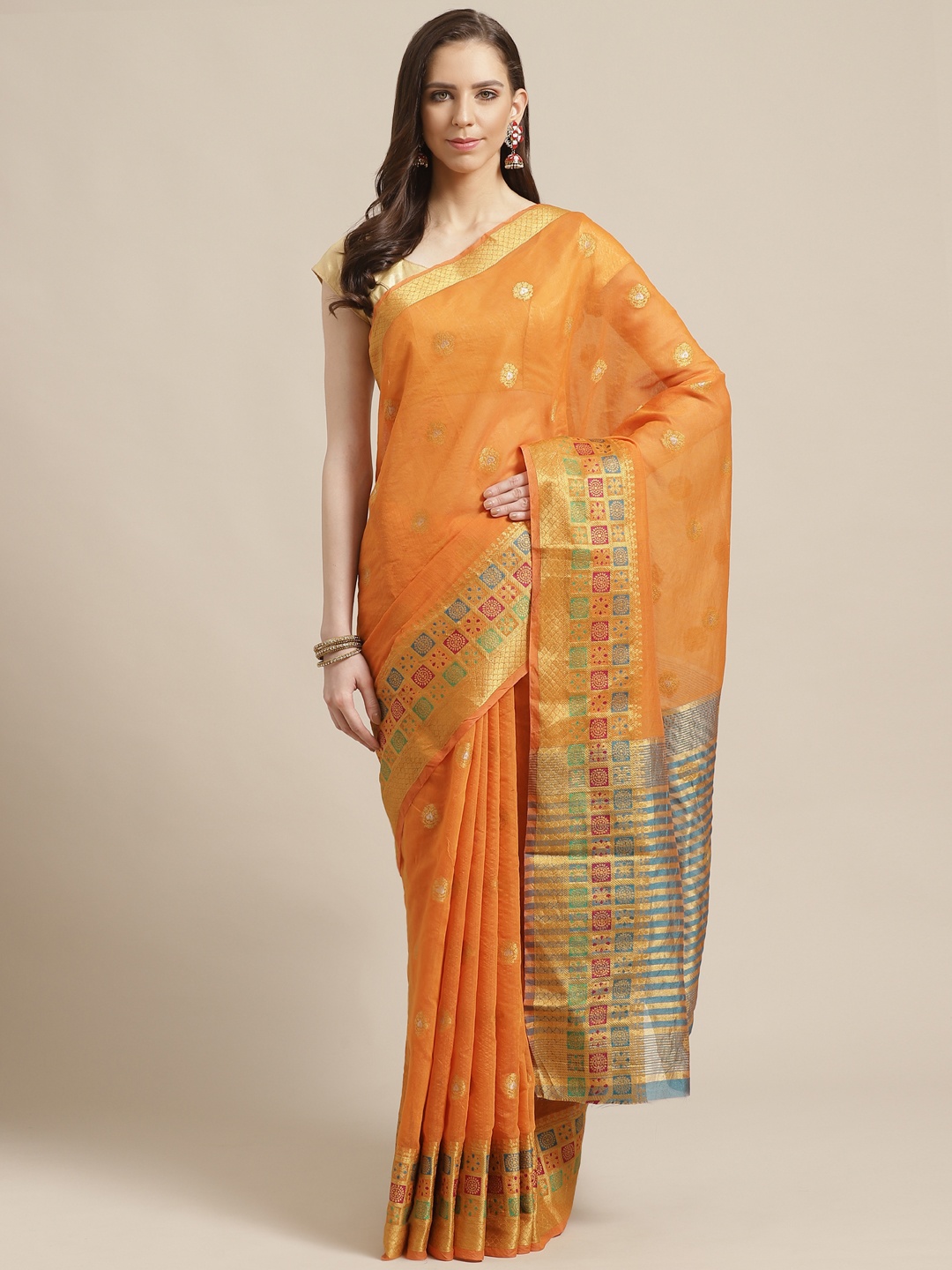 

Shaily Orange & Golden Zari Woven Design Saree