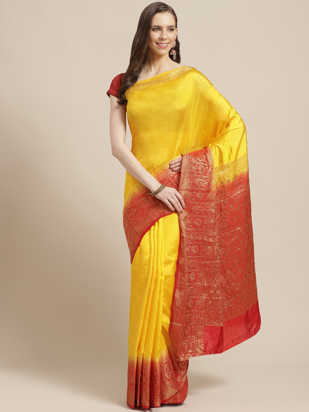 

Shaily Yellow & Red Solid Saree