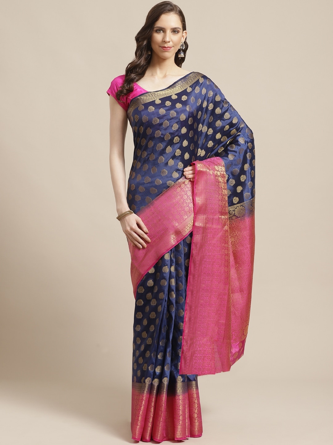 

Shaily Navy Blue & Golden Zari Woven Design Saree