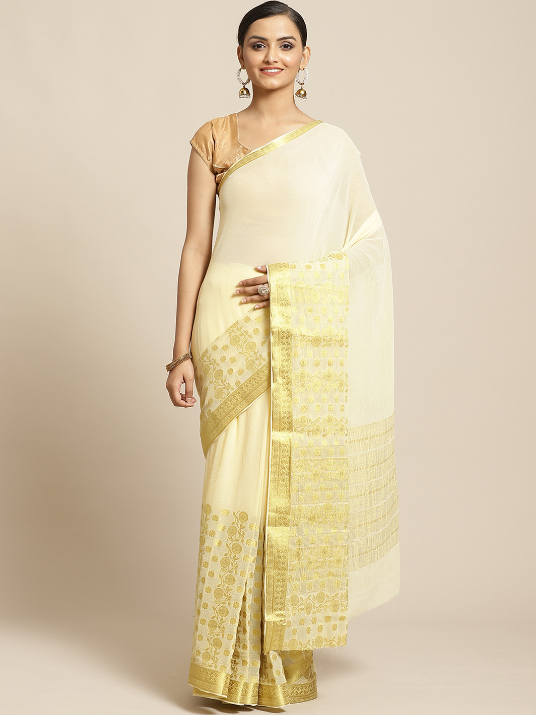 

Shaily Cream-Coloured Solid Saree, Pink