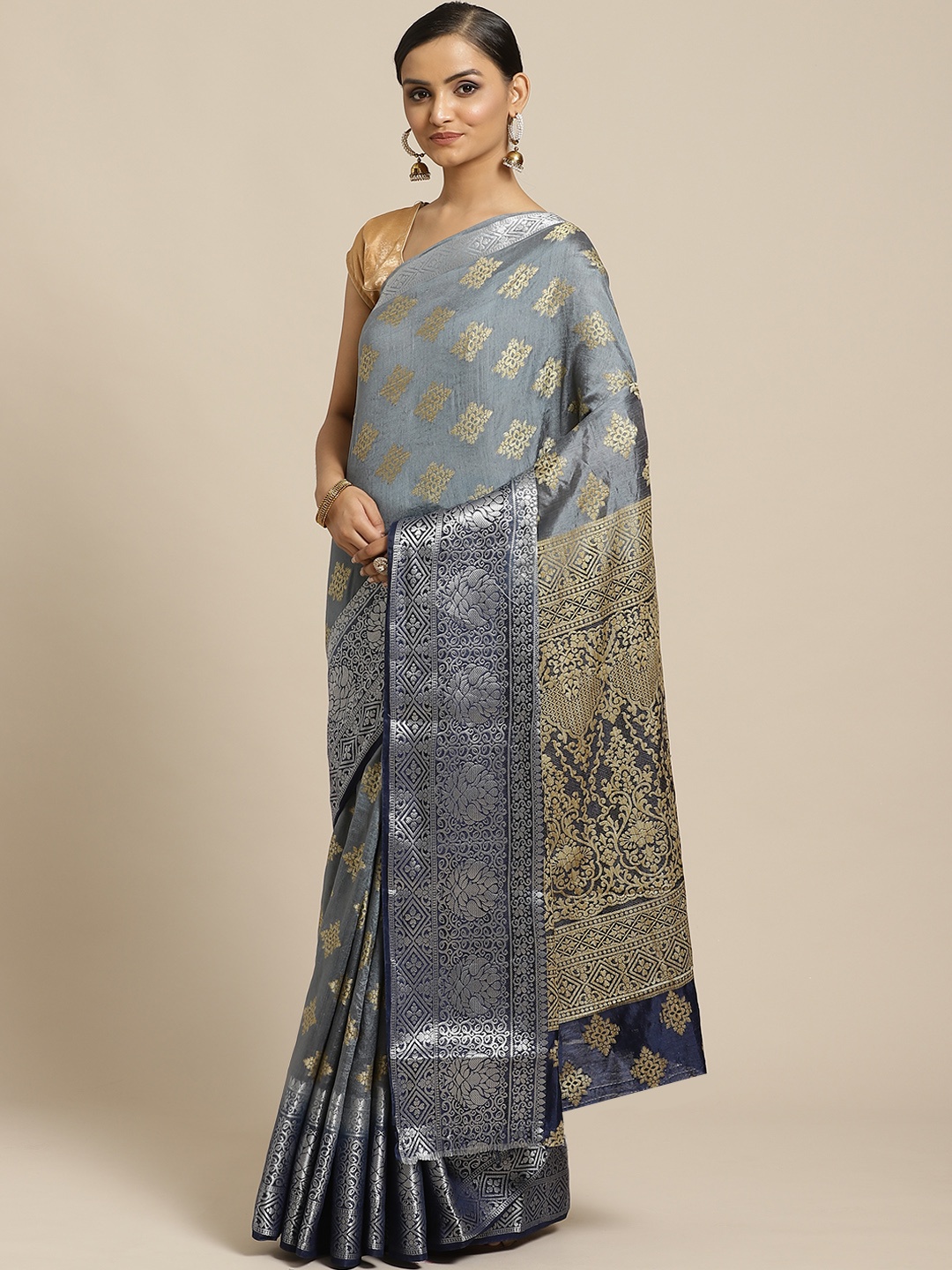 

Shaily Grey & Beige Zari Woven Design Saree