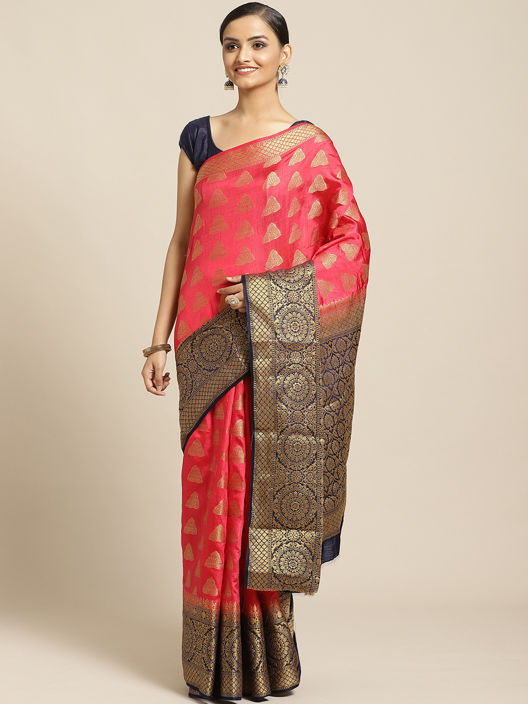 

Shaily Red & Golden Ethnic Zari Woven Design Saree