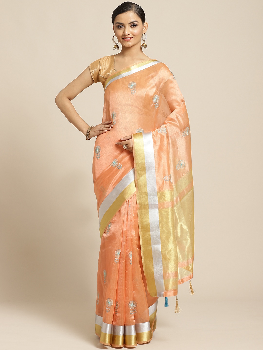 

Shaily Peach-Coloured & Sea Green Embroidered Saree