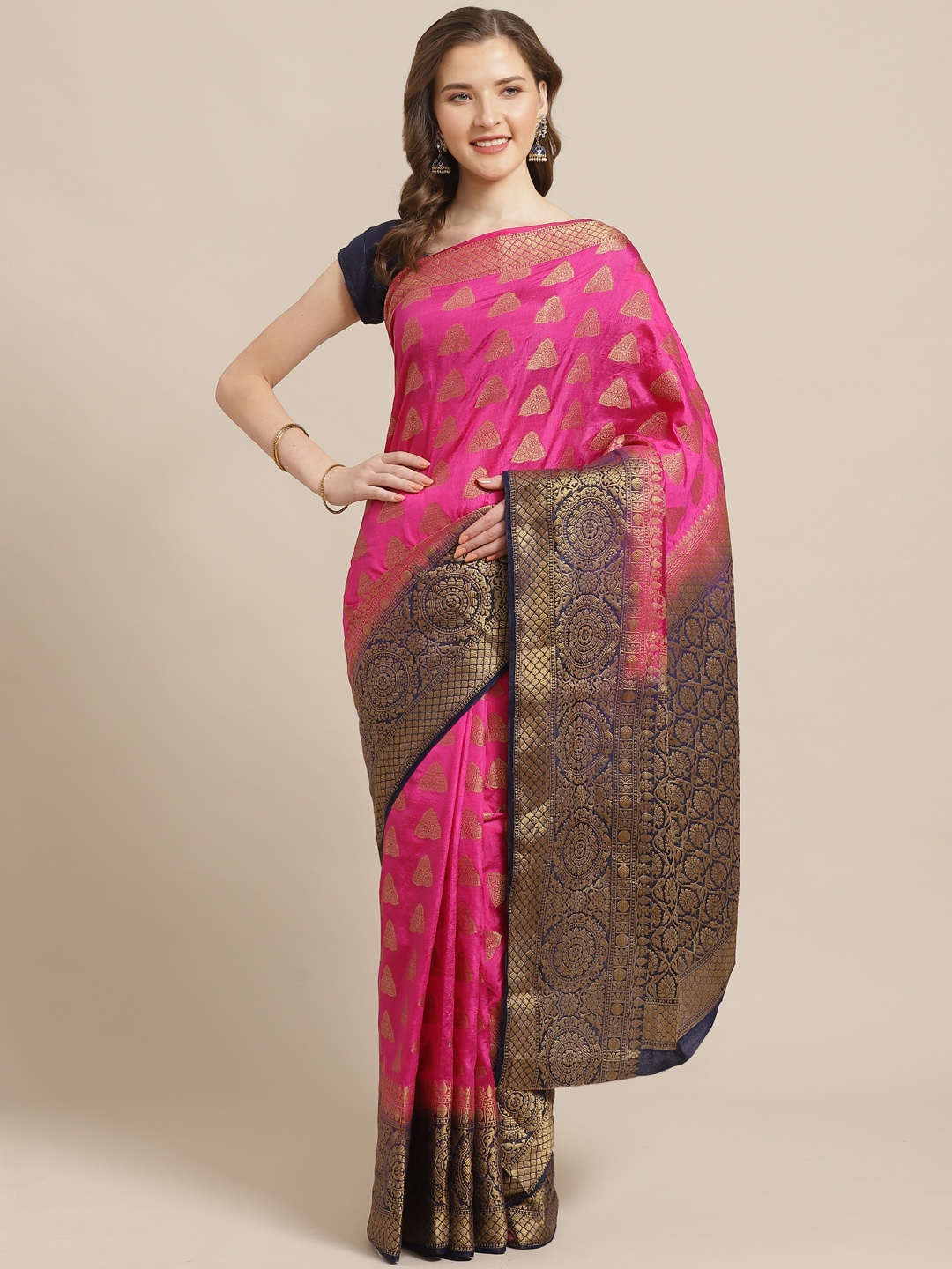 

Shaily Pink & Golden Zari Woven Design Saree