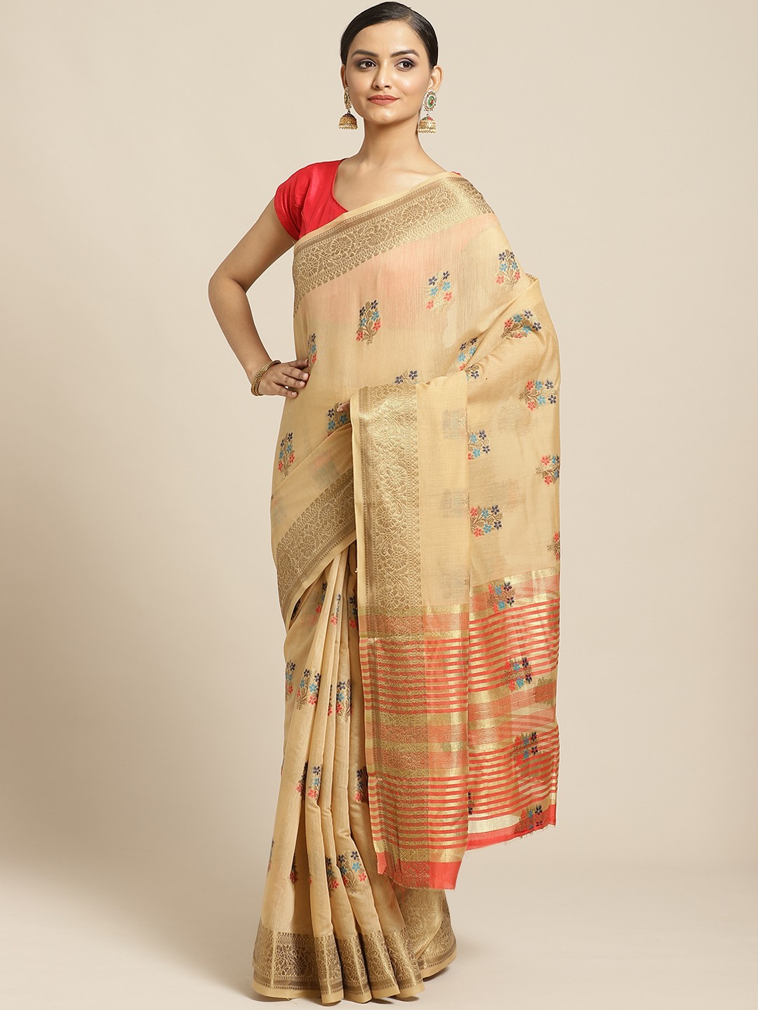 

Shaily Beige & Golden Zari Woven Design Saree