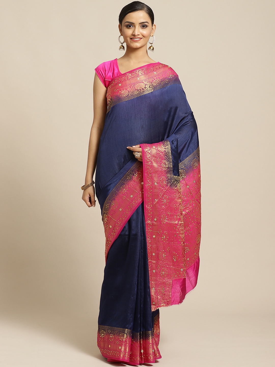 

Shaily Navy Blue & Pink Solid Saree