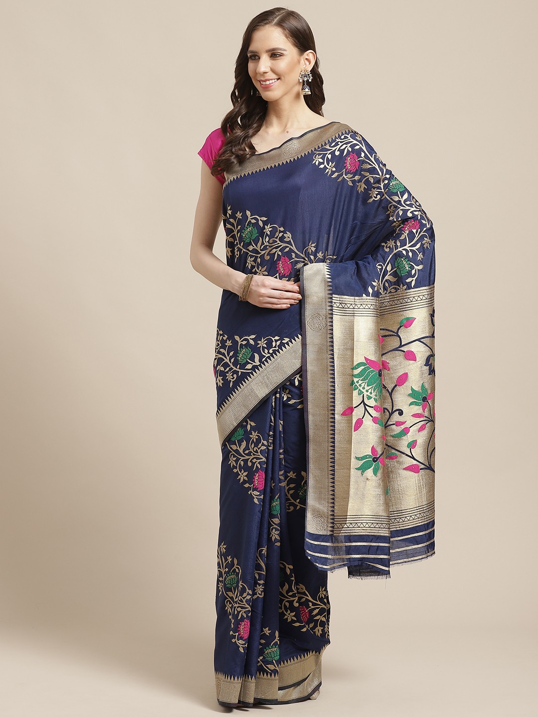 

Shaily Navy Blue & Golden Zari Woven Design Saree