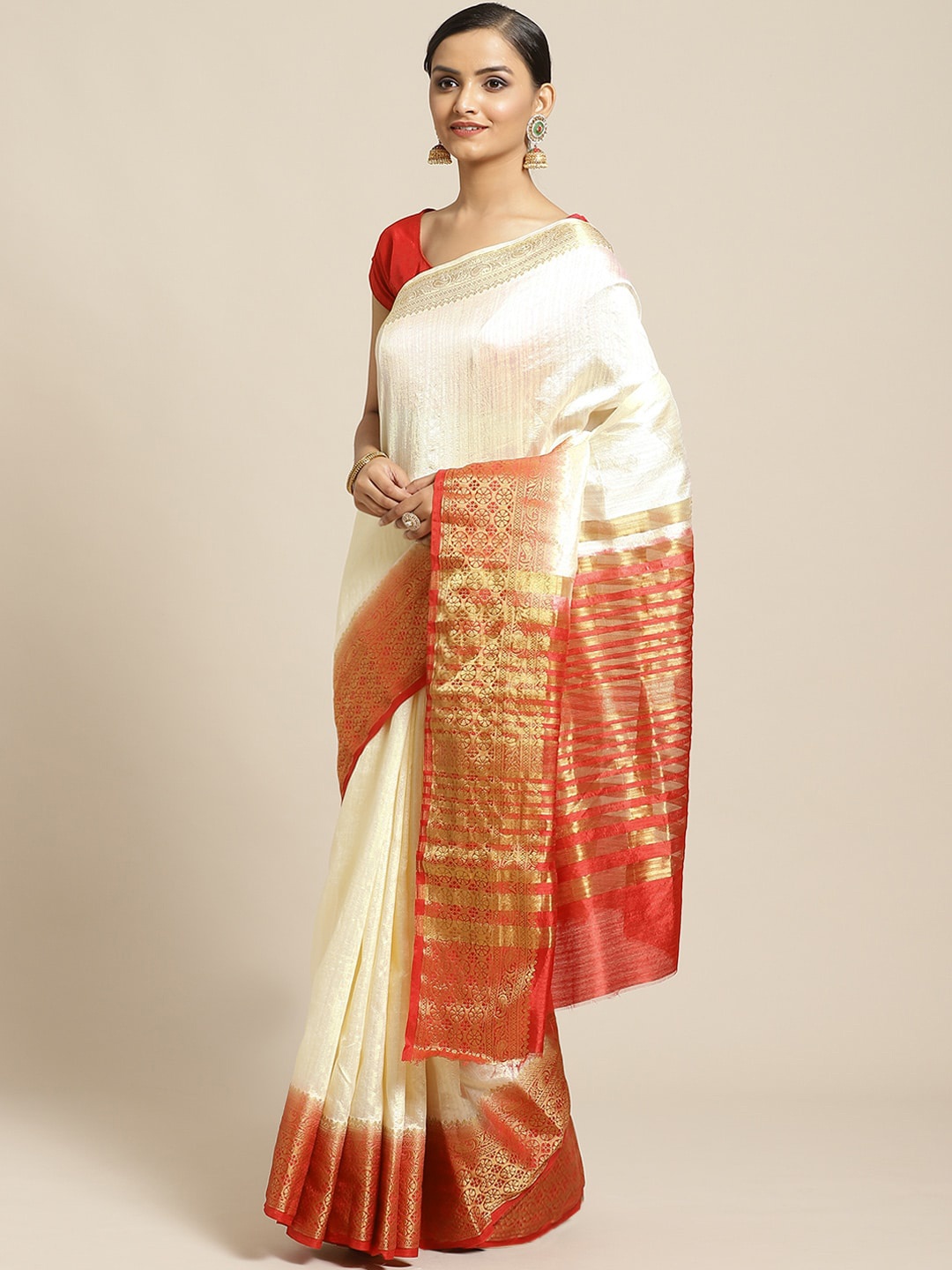 

Shaily Off-White & Red Solid Saree