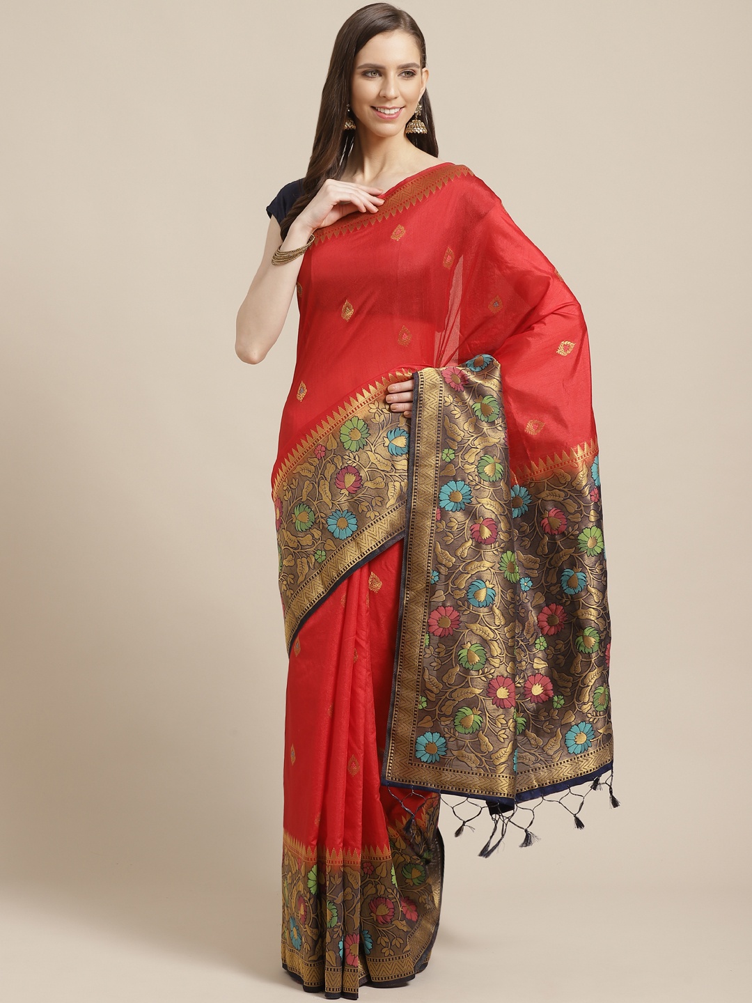 

Shaily Red & Golden Zari Woven Design Saree