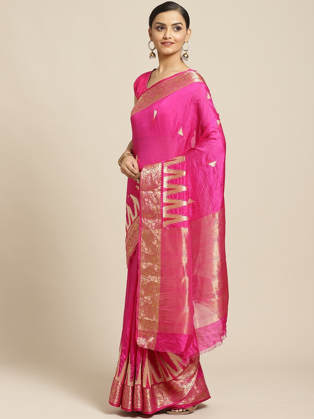 

Shaily Pink & Golden Zari Woven Design Saree