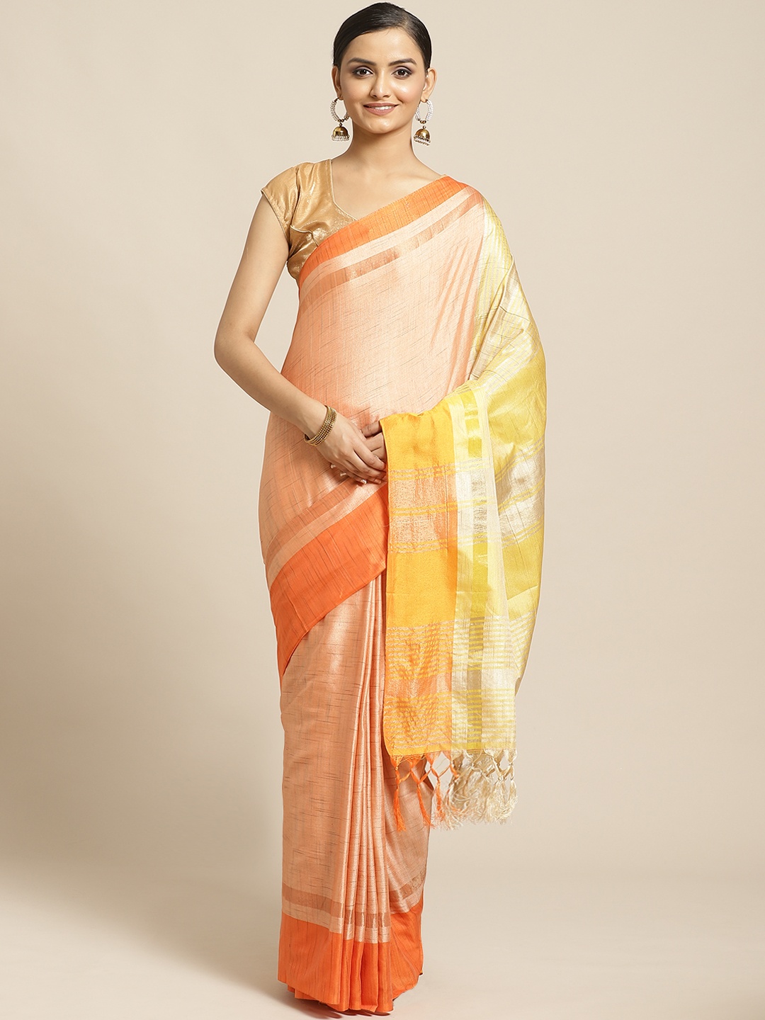 

Shaily Peach-Coloured Solid Saree