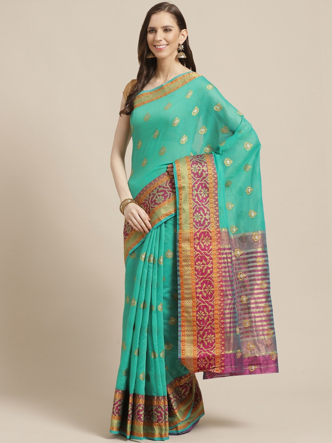 

Shaily Green & Golden Woven Design Saree