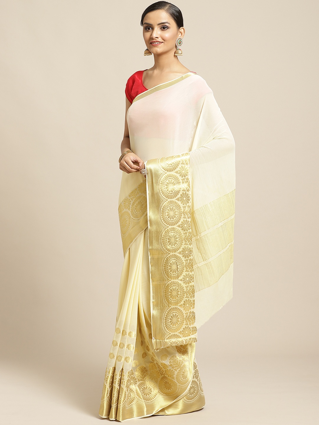 

Shaily Cream-Coloured & Golden Solid Saree