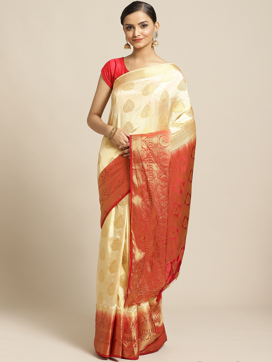 

Shaily Cream-Coloured & Red Zari Woven Design Saree