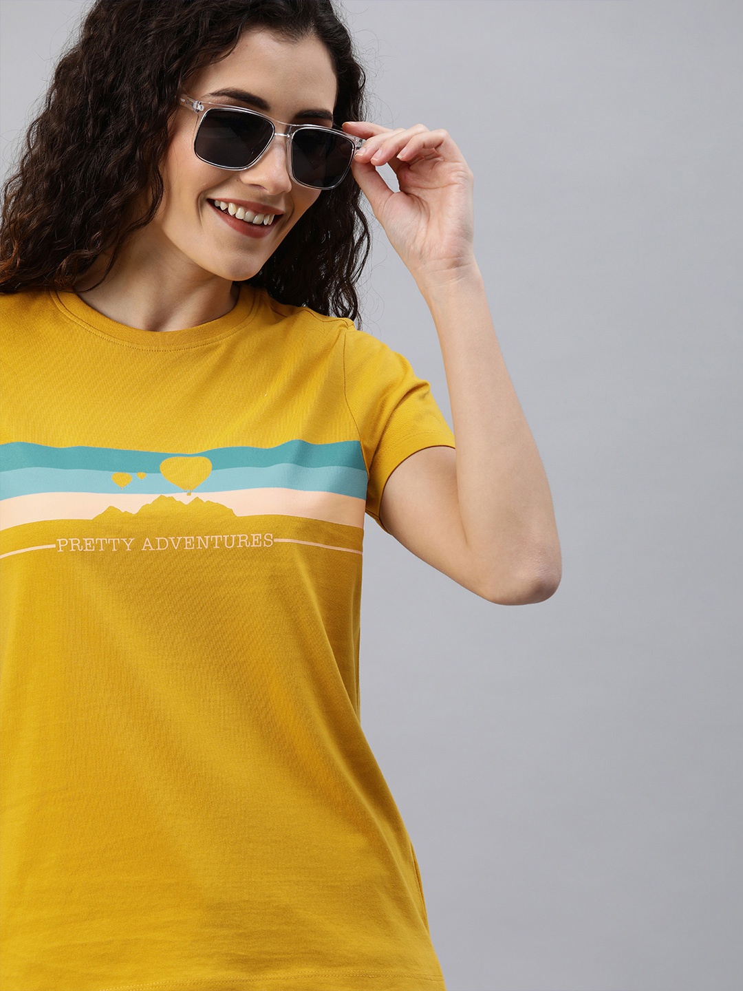 

Mast Harbour Women Mustard Yellow Printed Round Neck Pure Cotton T-shirt