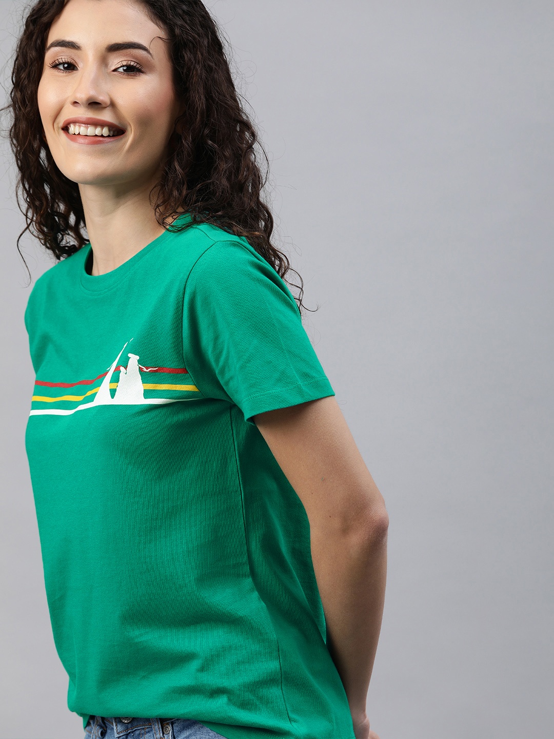 

Mast Harbour Women Green Printed Round Neck Pure Cotton T-shirt