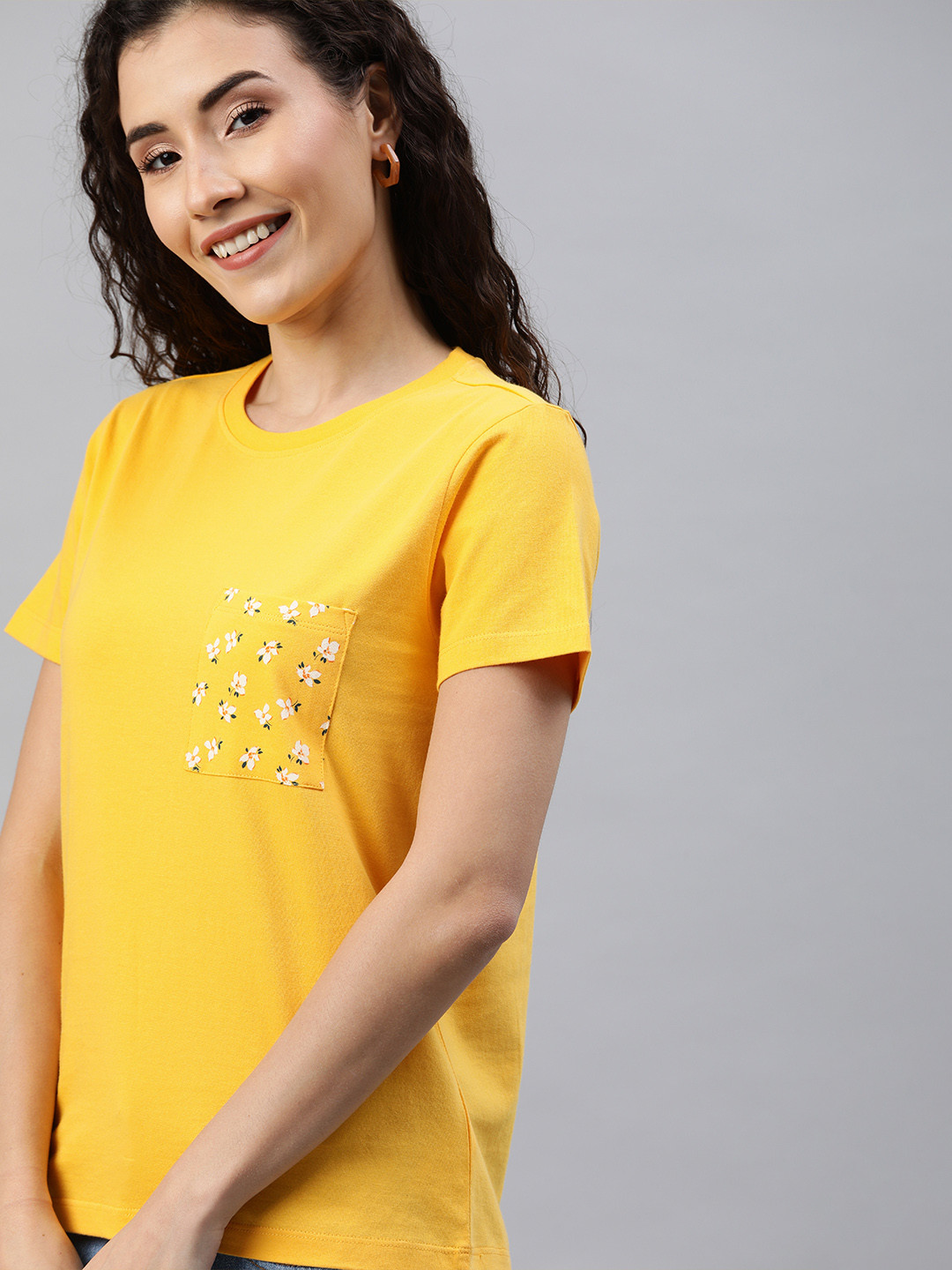 

Mast Harbour Women Yellow Solid Round Neck Pure Cotton T-shirt with Pocket