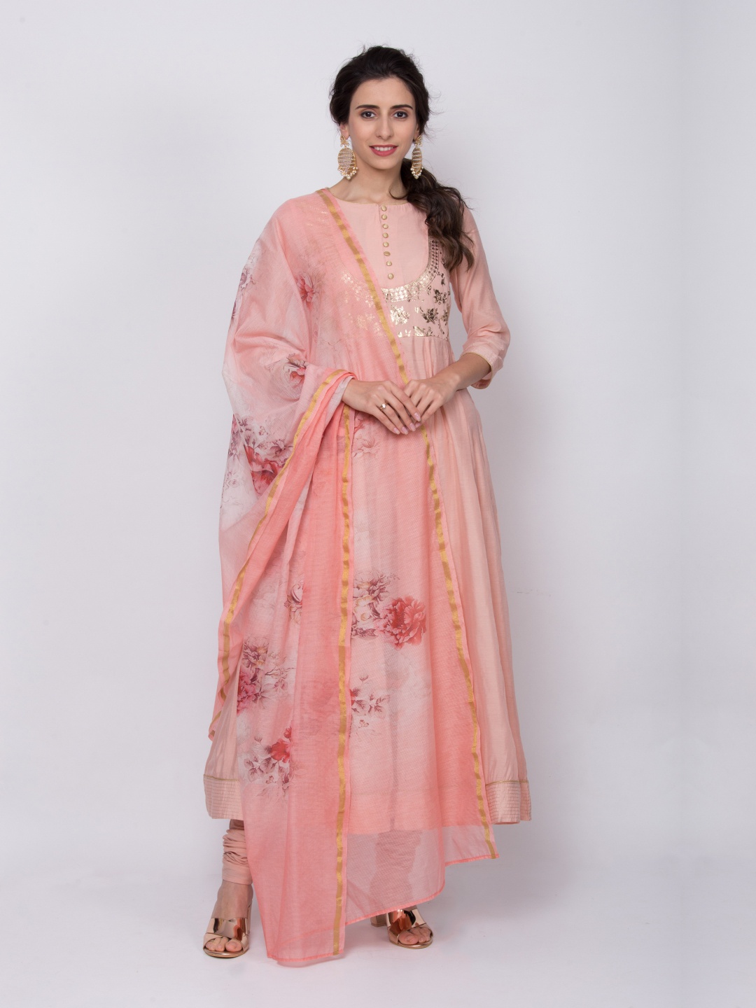 

Biba Women Pink Printed Kurta with Churidar & Dupatta