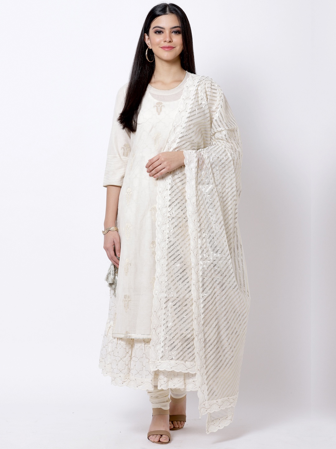 

Biba Women Off-White Self Design Kurta with Churidar & Dupatta