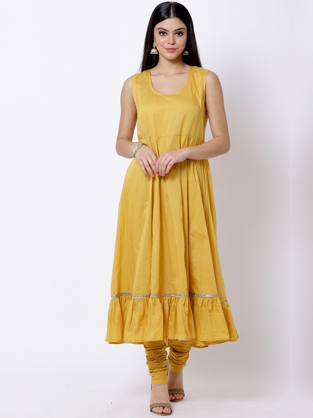 

Biba Women Yellow Printed Kurta with Churidar & Dupatta