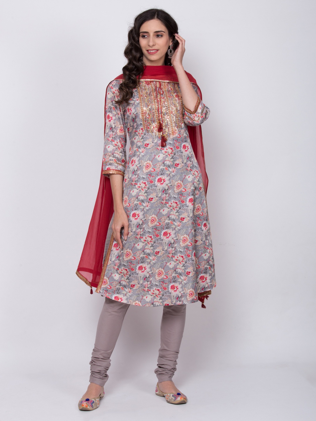 

Biba Women Grey & Red Floral Printed Kurta with Churidar & Dupatta