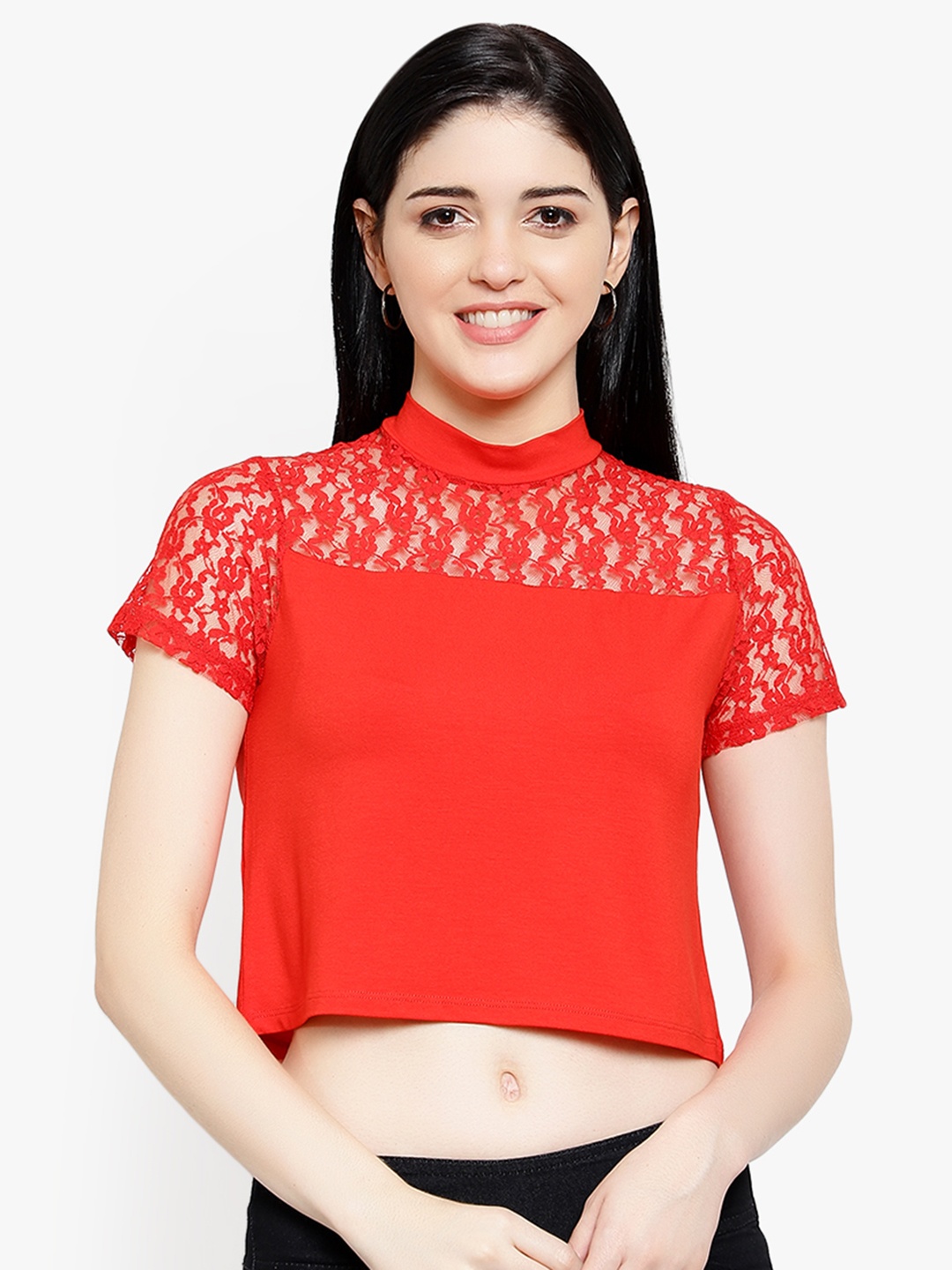 

LE BOURGEOIS Women Red Self Design Crop Pure Cotton Top