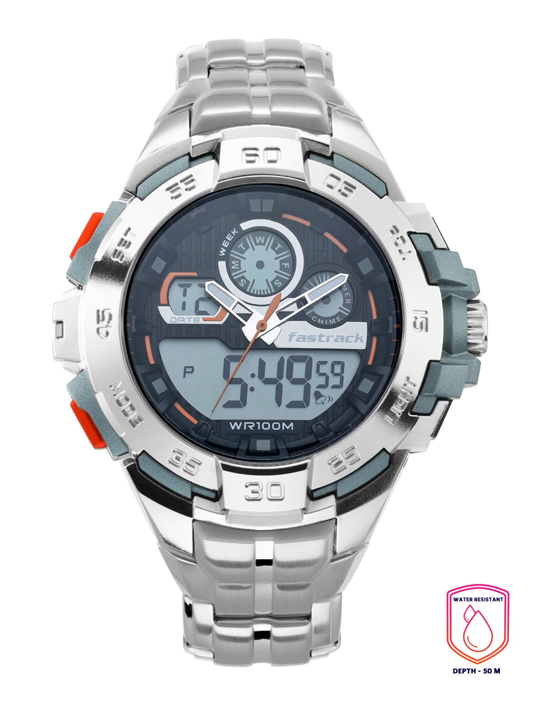 

Fastrack Men Silver-Toned & Black Analogue and Digital Watch 38054PM02