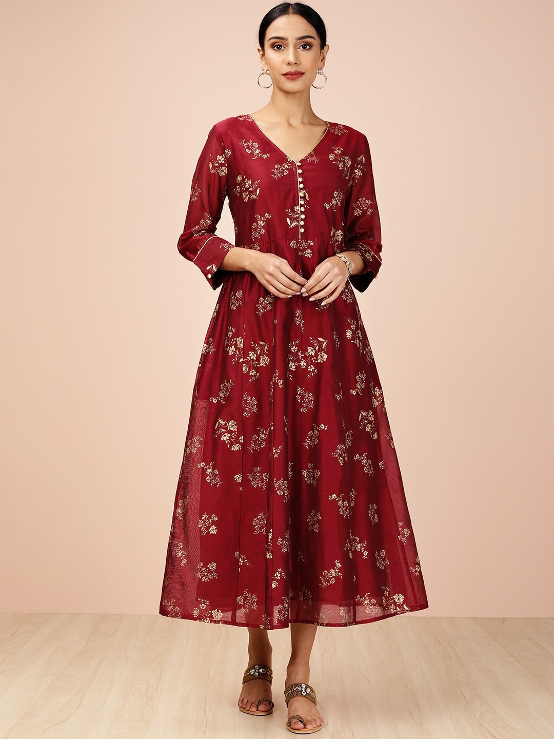 

all about you Women Maroon & Golden Floral Printed A-Line Dress