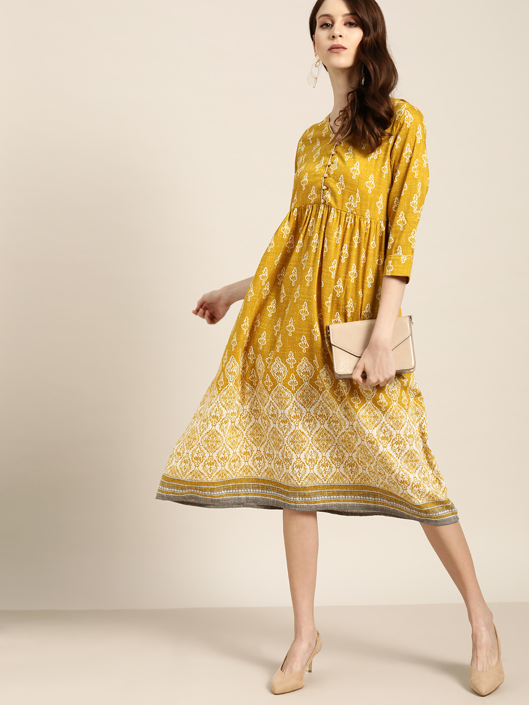 

all about you Women Mustard Yellow & White Ethnic Motif Print A-Line Dress