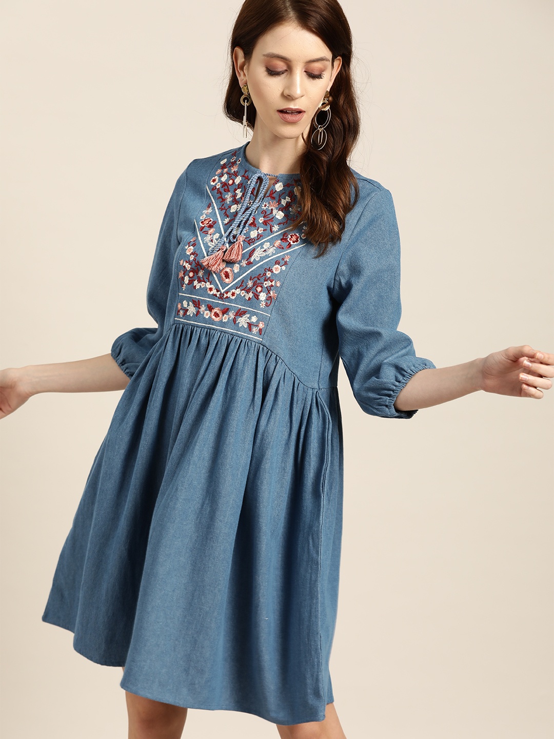 

all about you Women Blue Embroidered Denim A-Line Dress