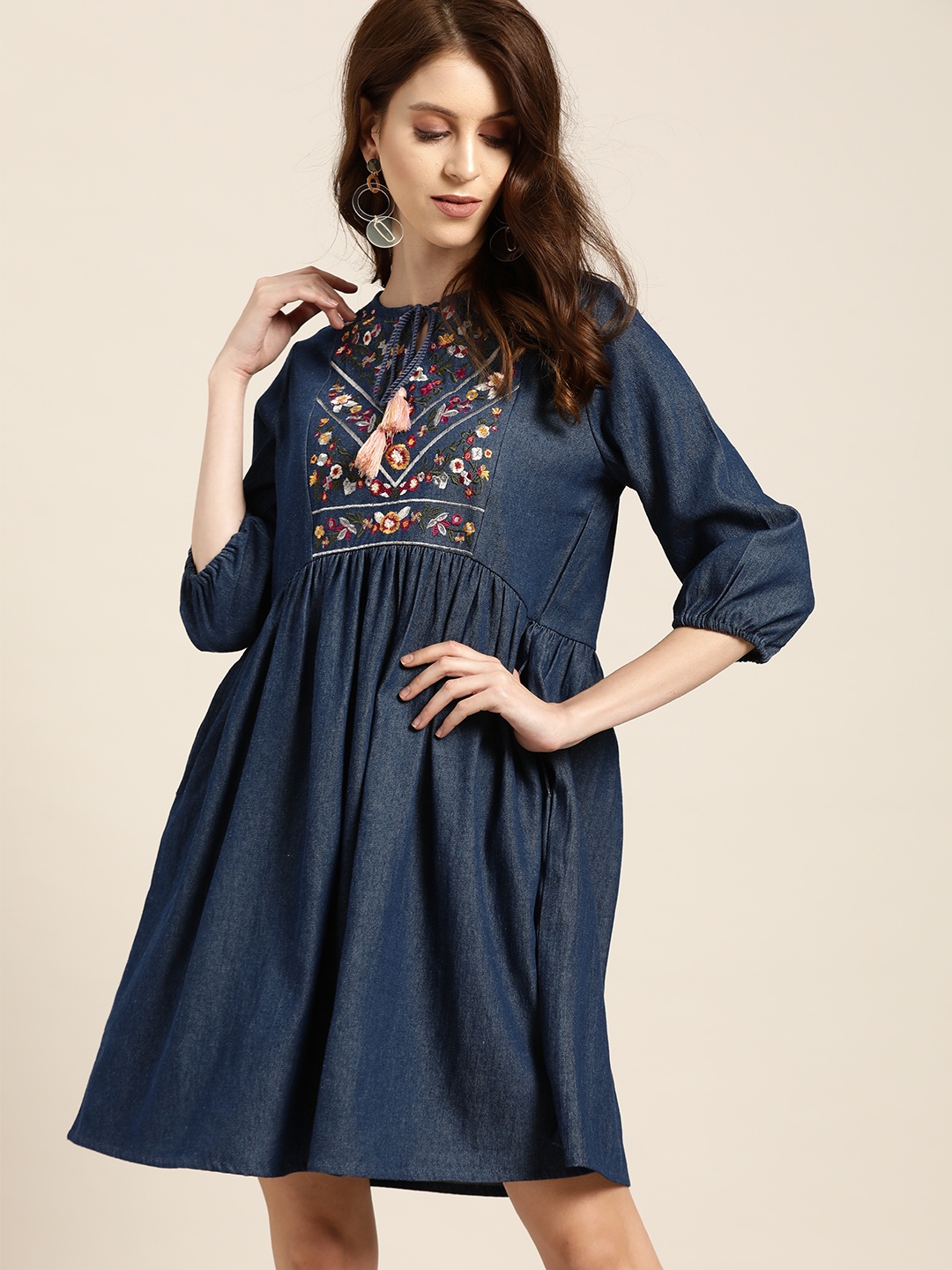 

all about you Women Navy Blue Embroidered Denim A-Line Ethnic Dress
