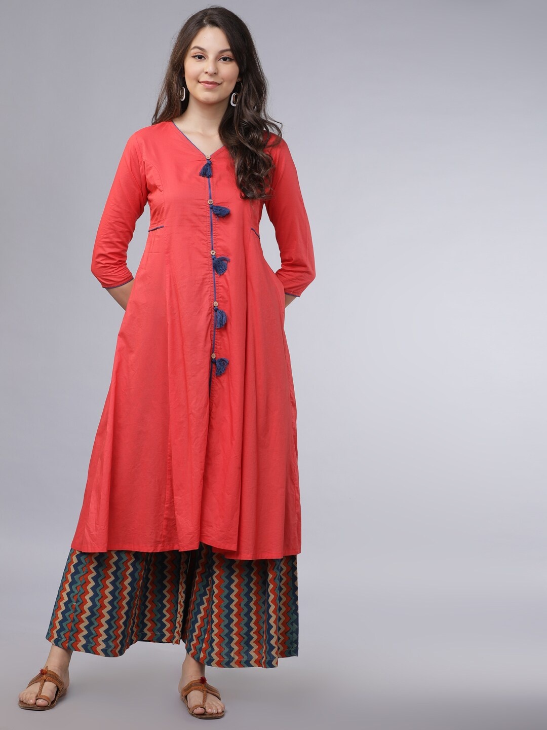 

Vishudh Women Coral & Blue Solid A-Line Kurta