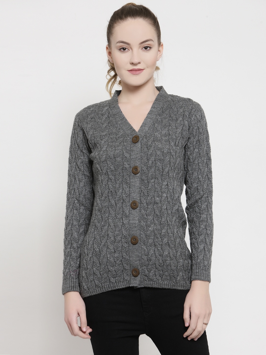 

Kalt Women Grey Melange Self Design Front-Open Acrylic Sweater