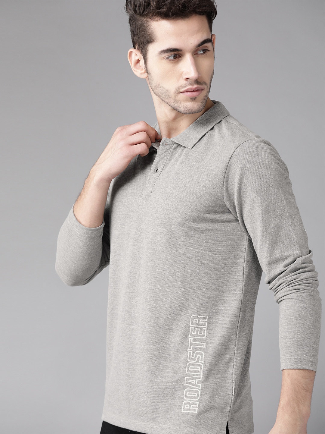 

Roadster Men Grey Melange Solid Polo Collar T-shirt