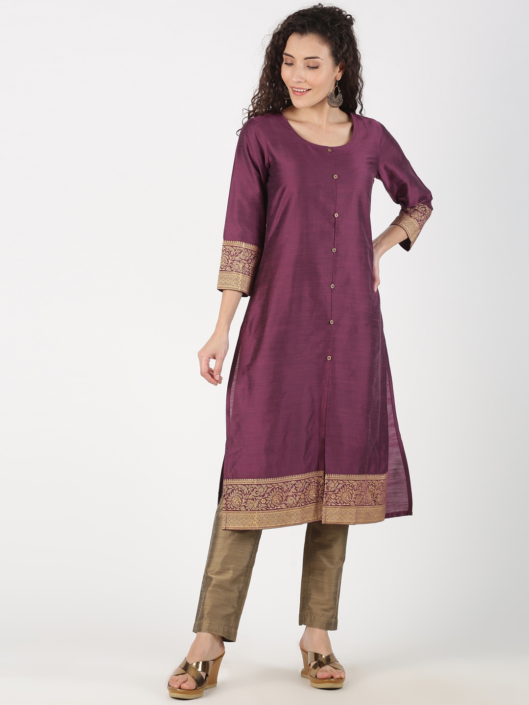 

Saffron Threads Women Purple & Gold-Toned Yoke Design A-Line Kurta