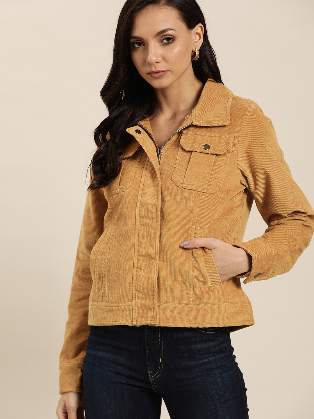 

all about you Women Mustard Yellow Pure Cotton Corduroy Jacket With Detachable Faux Collar